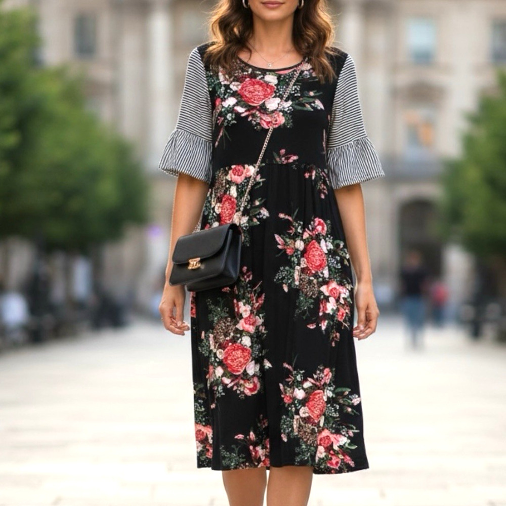 Sweet Claire Dress Babydoll Floral‎ Striped Short Bell Sleeves Black Pink Red-M